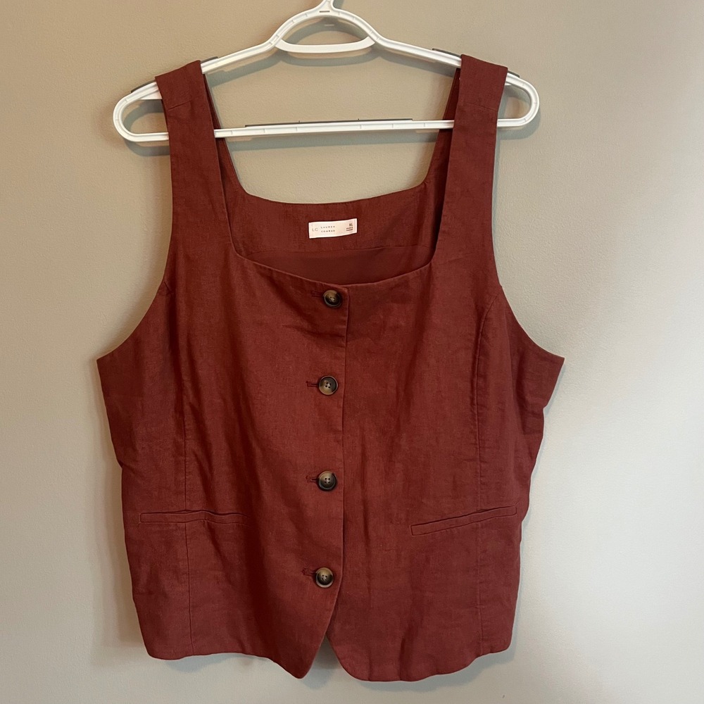 Terracotta Rust Linen Blend Button Tie Back Vest XL Renfair Minimalist Earthy